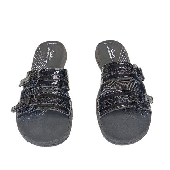 Clarks Cloudsteppers Breeze Piper Sandals Womens 9 Black Patent Comfort Slides - Picture 2 of 5